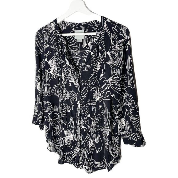 ANTHROPOLOGIE MAEVE Bird Print Black & White Button Up Blouse  - Picture 2 of 8